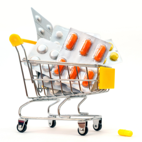 Carrinho cheio de medicamentos representando aumento de venda
